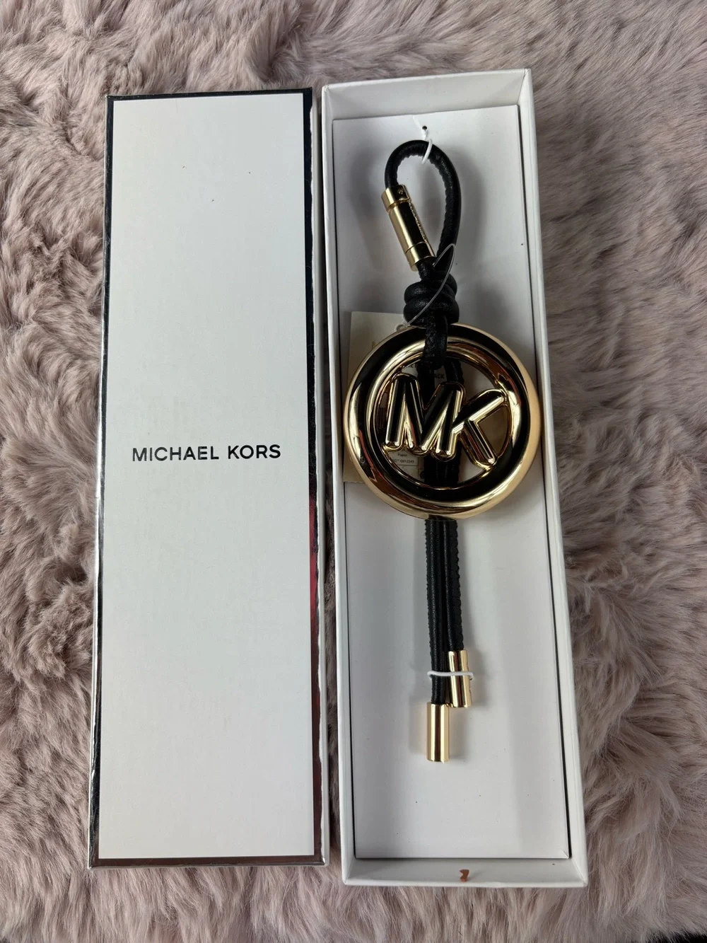 Leather MK Pop Charm Black Gold Bag Keychain NIB